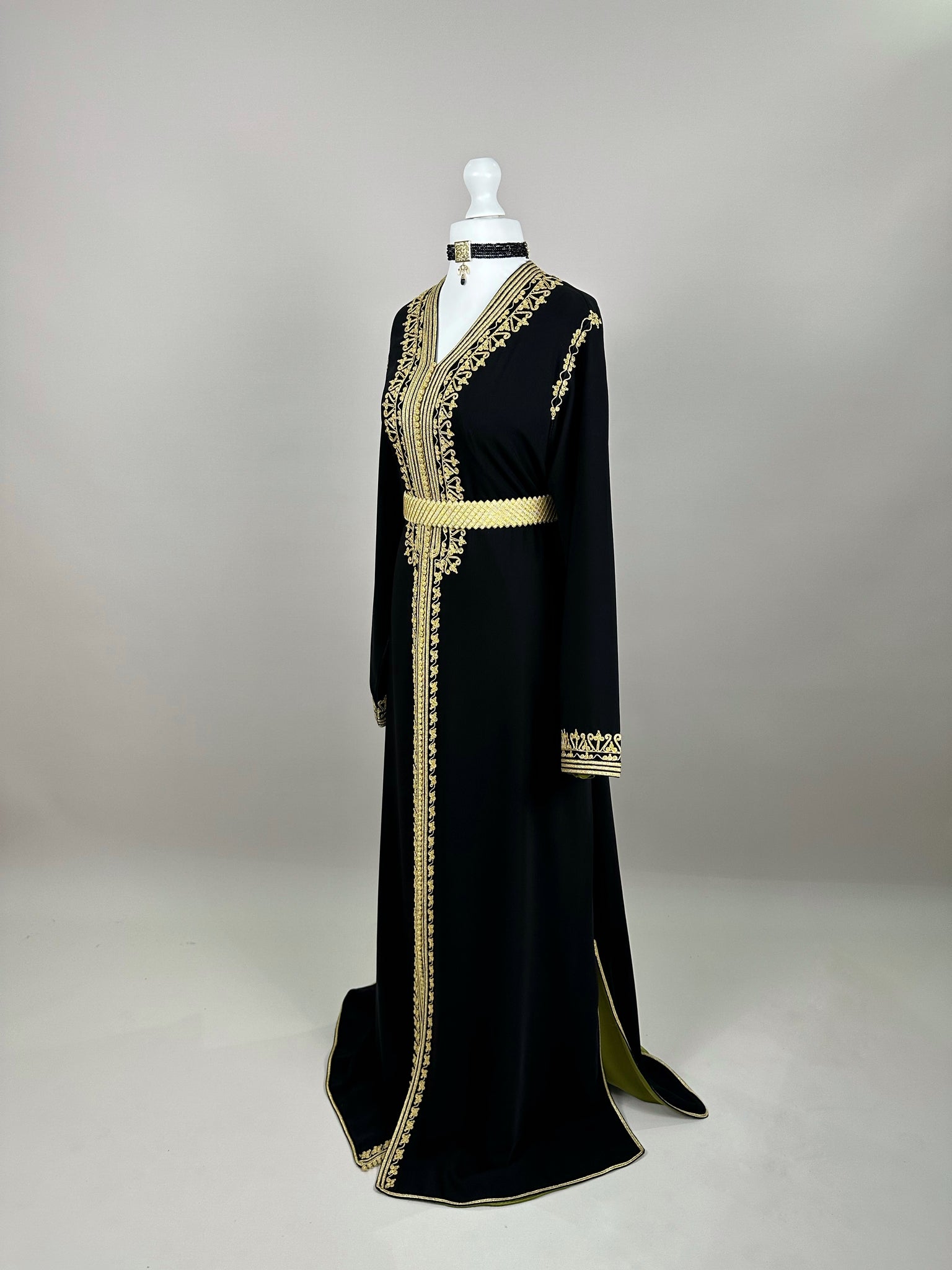 Black Crepe Kaftan with olive green interior